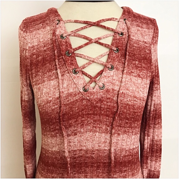 Ribbed LaceUp Ombré Striped Sweater Top SML - Picture 6 of 6